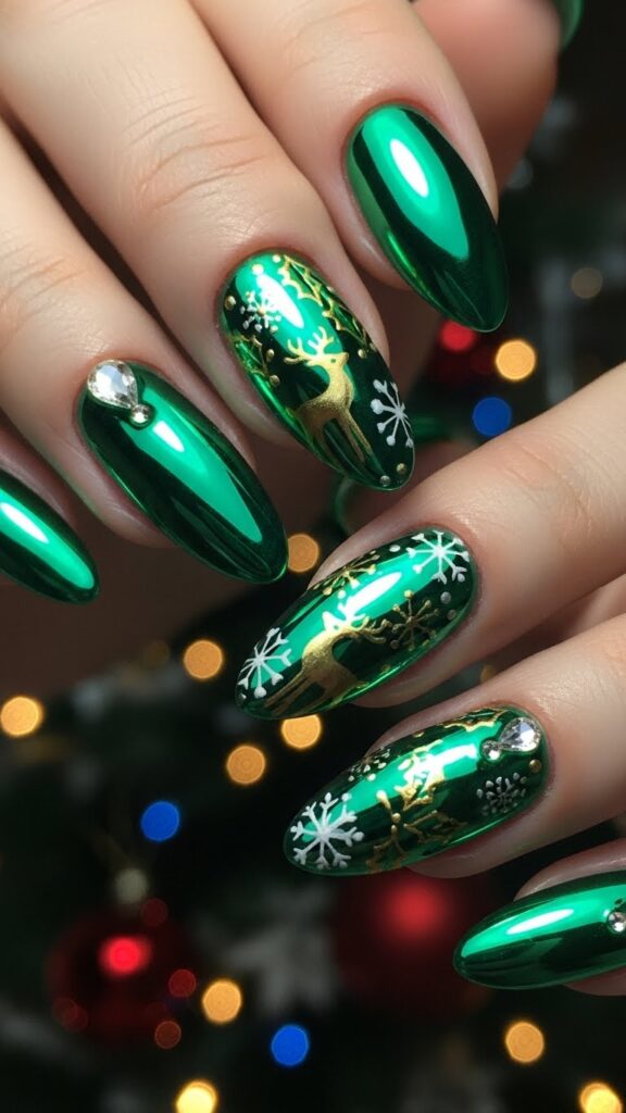 Green chrome nails with holiday lights reflection.