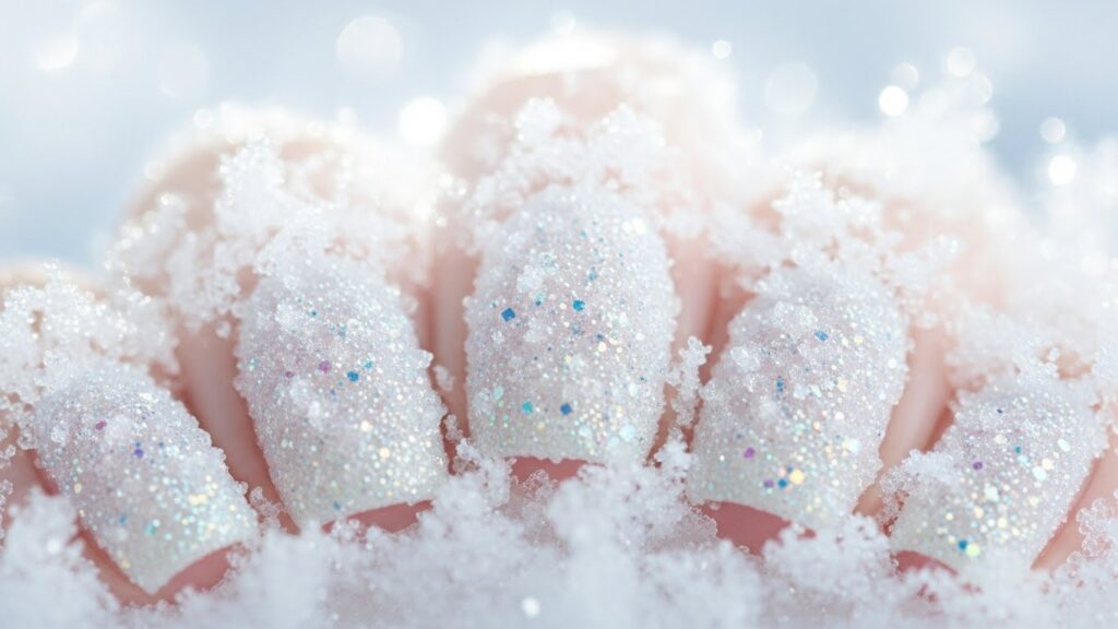 Chunky white sugar glitter nails with a crystallized frosty snow texture.
