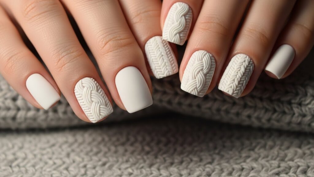 White matte nails with 3D sweater texture and cozy winter knit patterns.