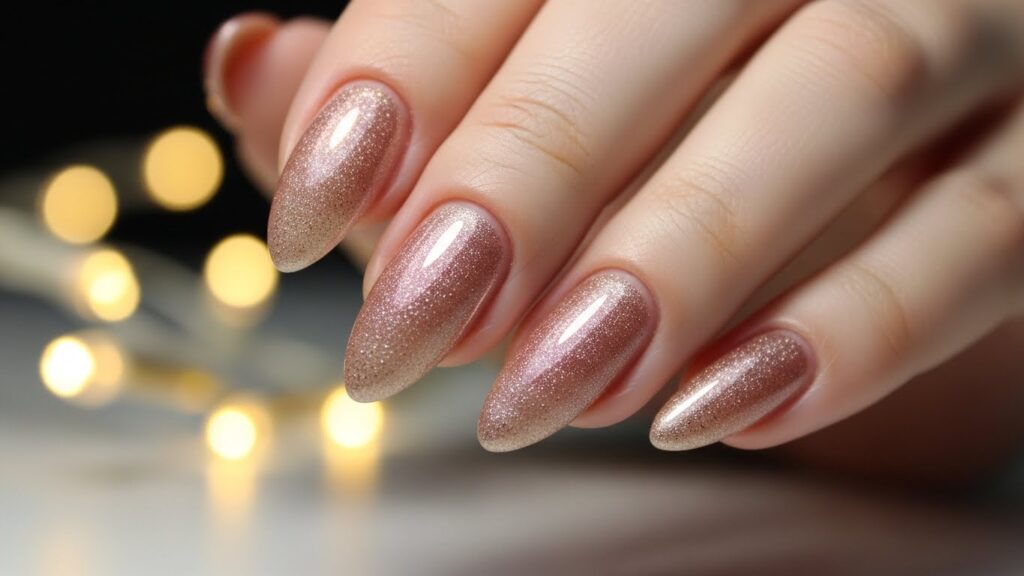 Rose gold shimmer gel nails with festive glowing background.