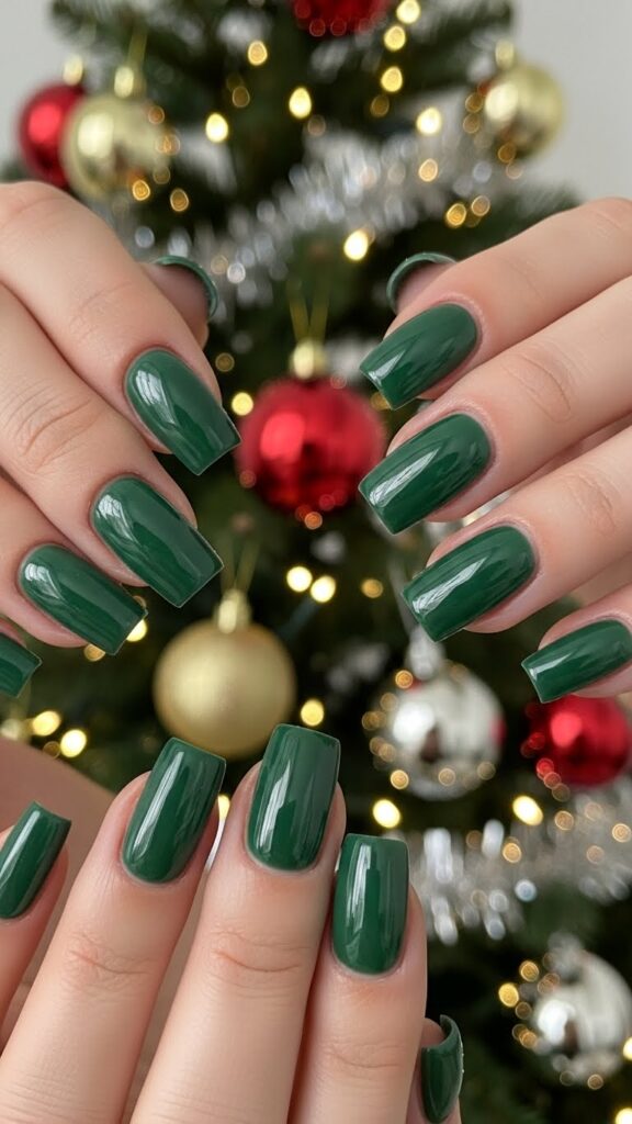 Pine green glossy Christmas gel nails