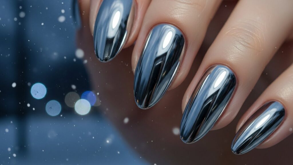 Short silver chrome nails with bright metallic winter glow.