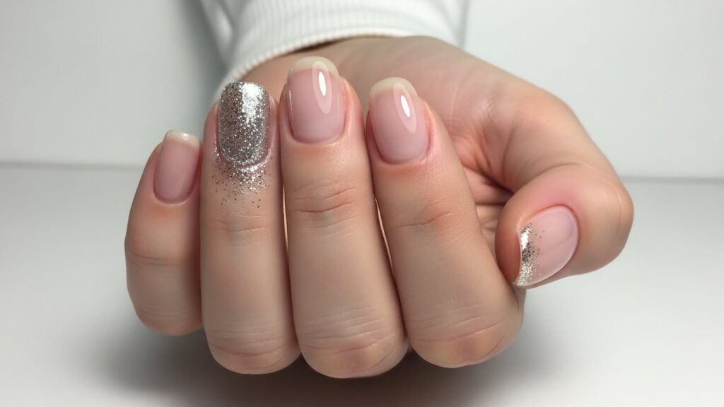 Minimal winter nails with soft glitter accent, practical everyday manicure.