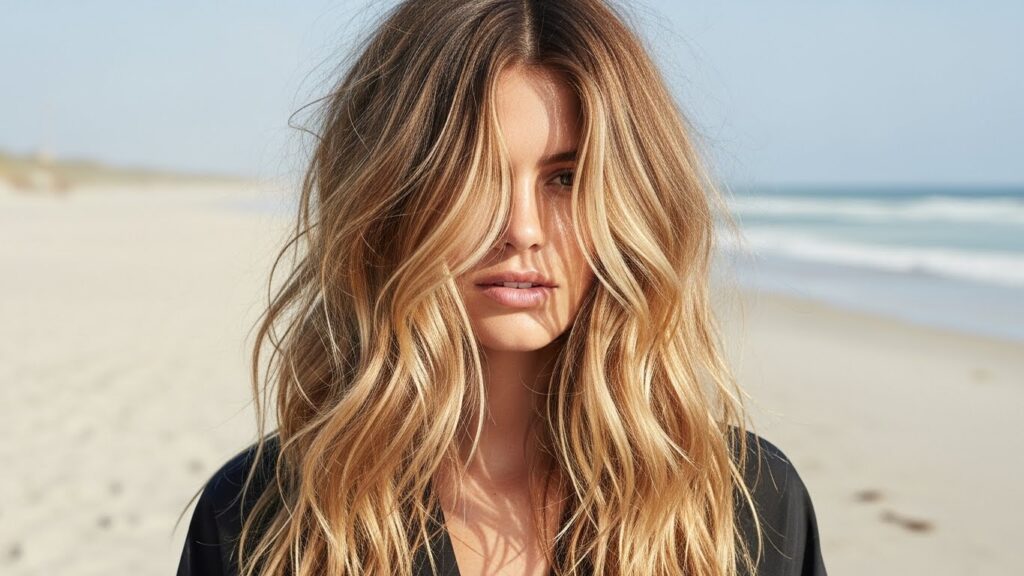 Long haircut with beachy textured layers.