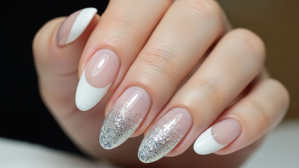 Glitter fade French tip nails with soft sparkly gradient.