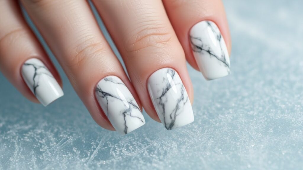 White marble nails with soft gray veining inspired by icy winter stone.