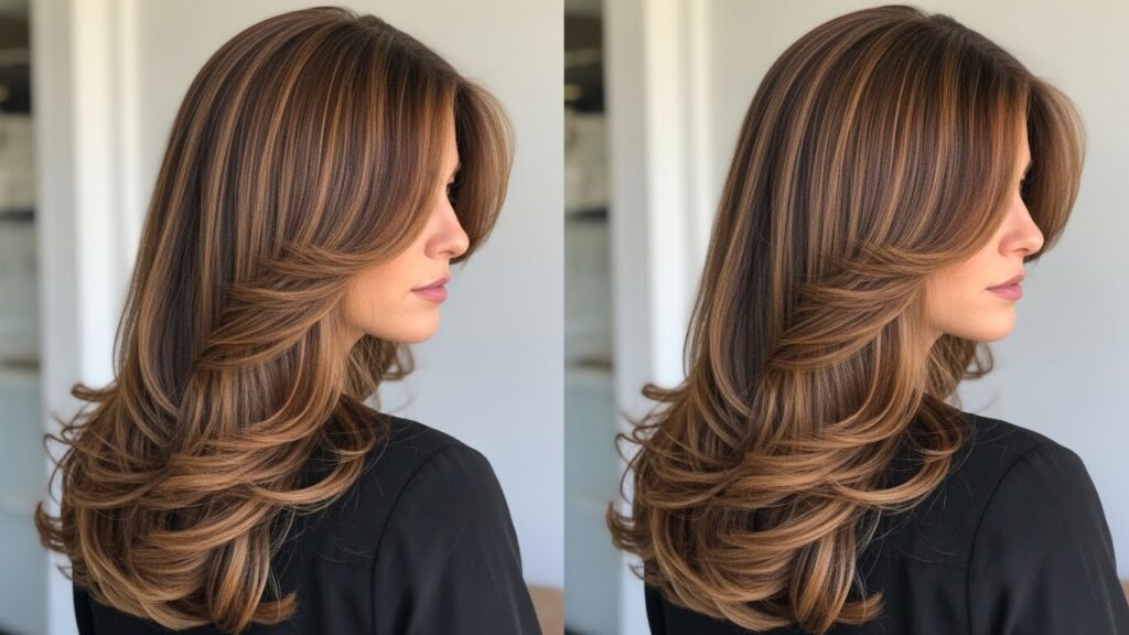 Long V-shaped layered haircut.