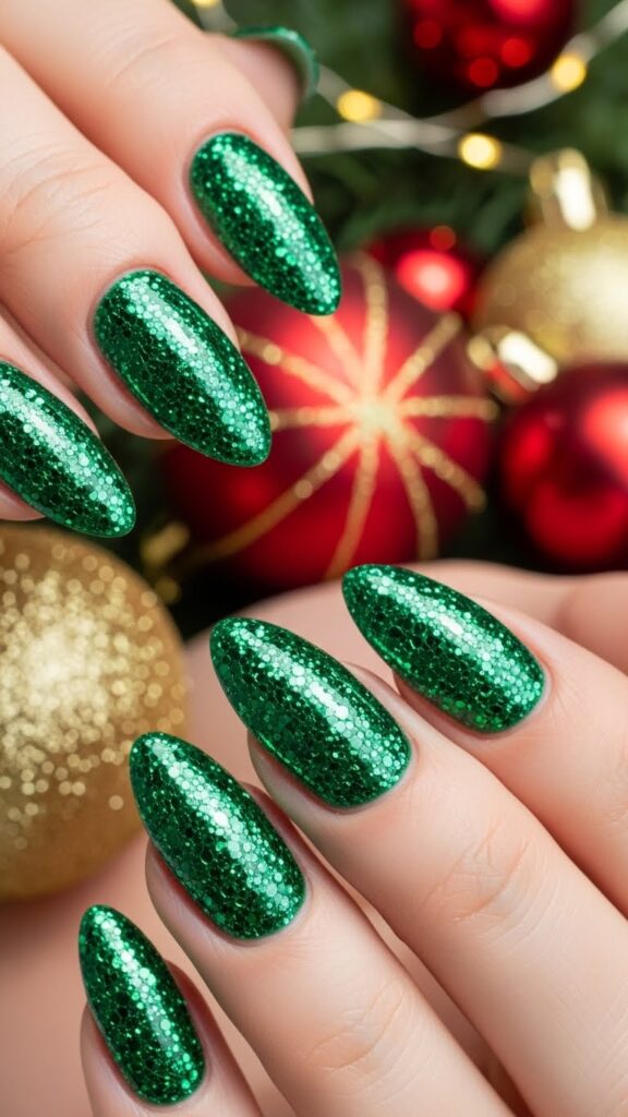 Green glitter Christmas nails with sparkling holiday ornaments.