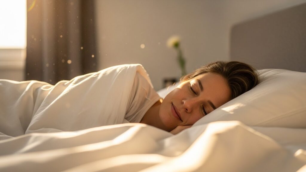 Woman sleeping peacefully on white sheets.