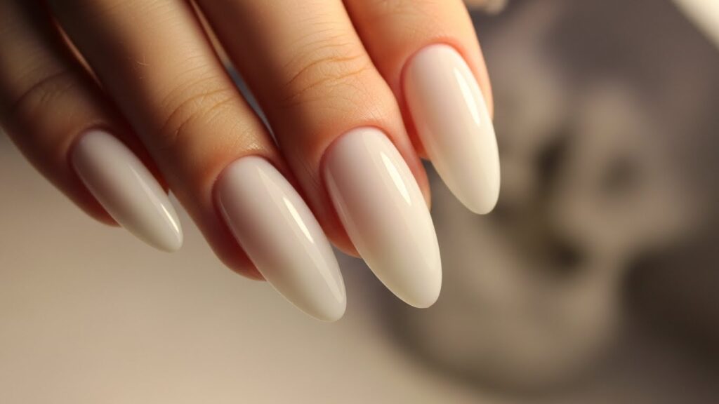 Milky white glossy gel nails with soft winter background.