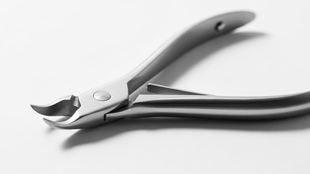 Stainless-steel cuticle nipper for trimming dead cuticles.
