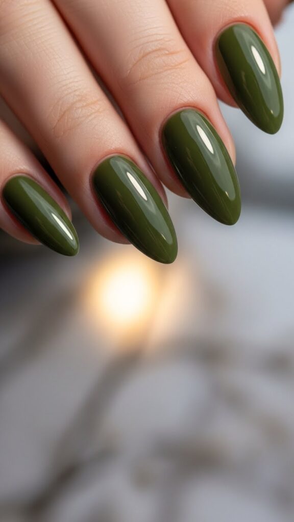 Olive green glossy Christmas nails
