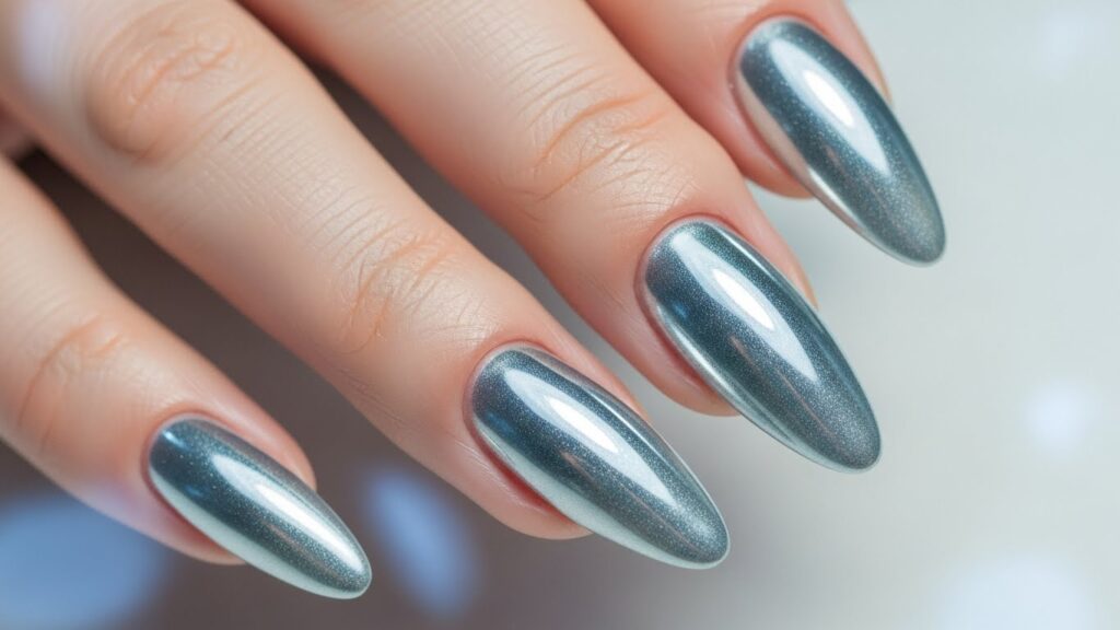 Almond nails with icy chrome and metallic reflections.
