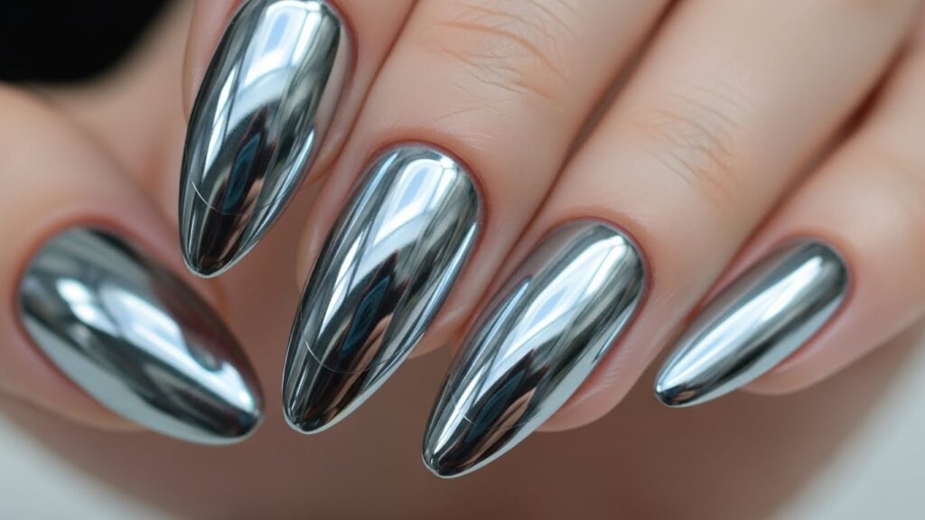 Chrome glazed French tips with shiny metallic finish.