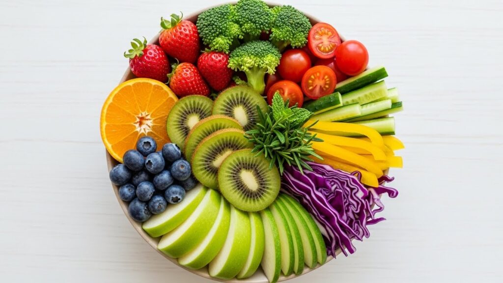 Fresh fruits and vegetables arranged beautifully in a bowl.
