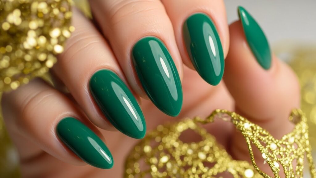 Emerald green glossy gel nails with gold holiday décor.