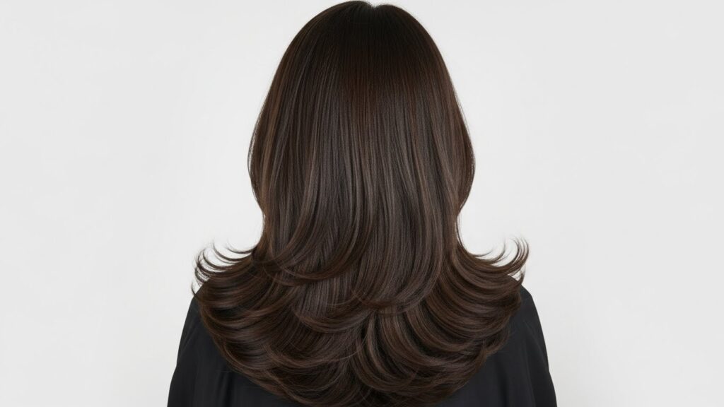 Gently layered U-shaped long haircut.