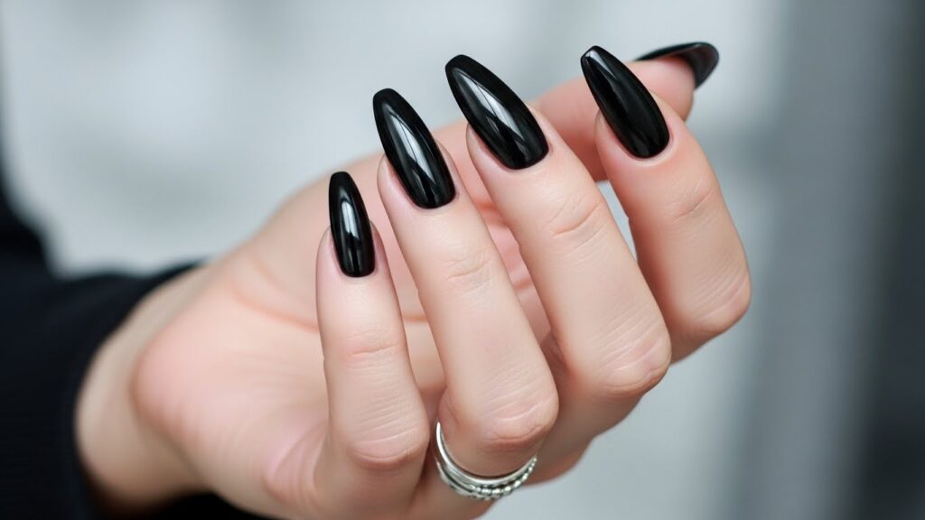 Black coffin-shaped glossy nails