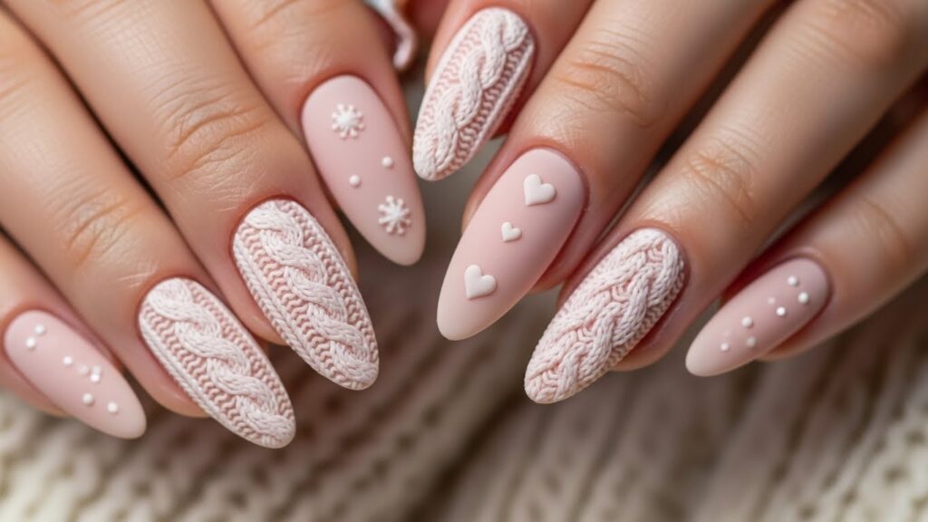 Knitted sweater-textured nails in soft neutral shades.