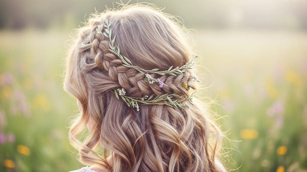 Woman wearing a braided crown hairstyle with soft curls