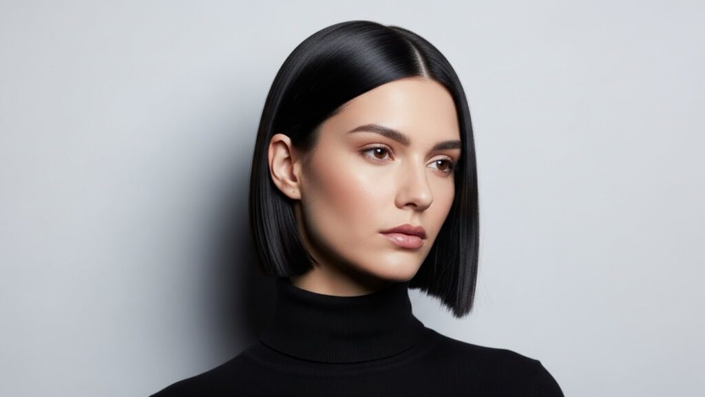 Chin-length blunt bob with sleek straight hair.