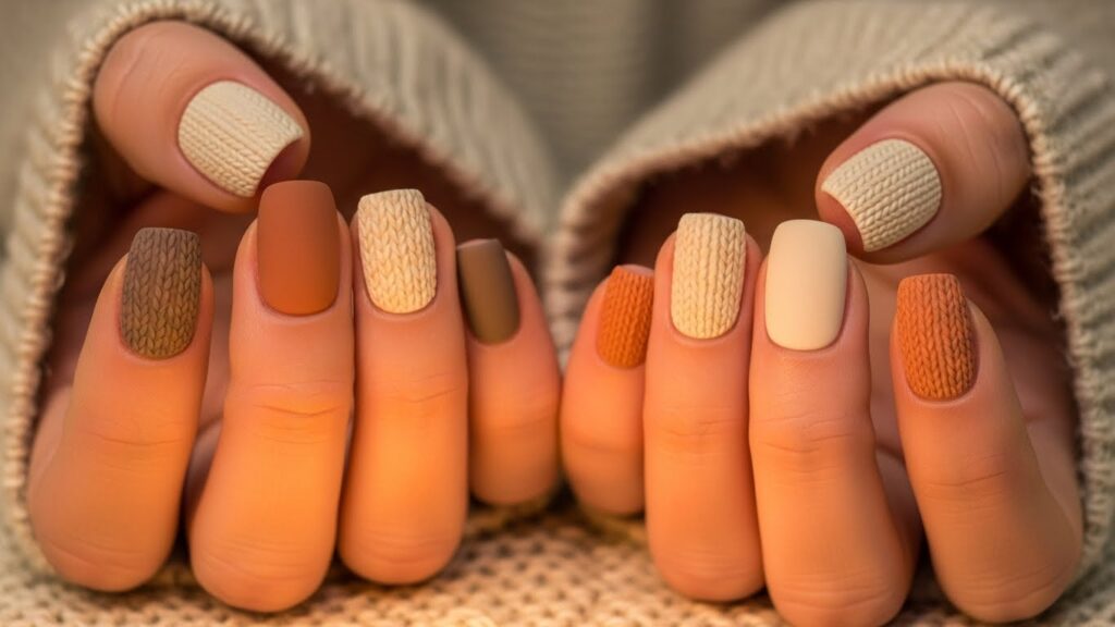 Short matte sweater nails with cute knitted 3D texture.