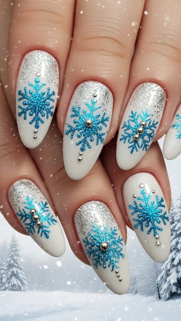 White acrylic nails with delicate snowflake art