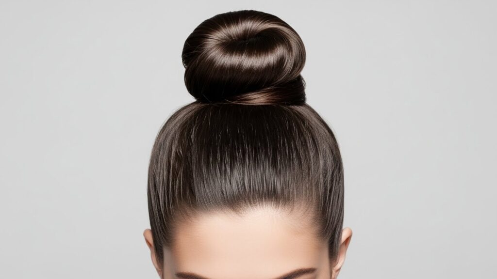 Woman with a high top knot hairstyle, sleek and stylish
