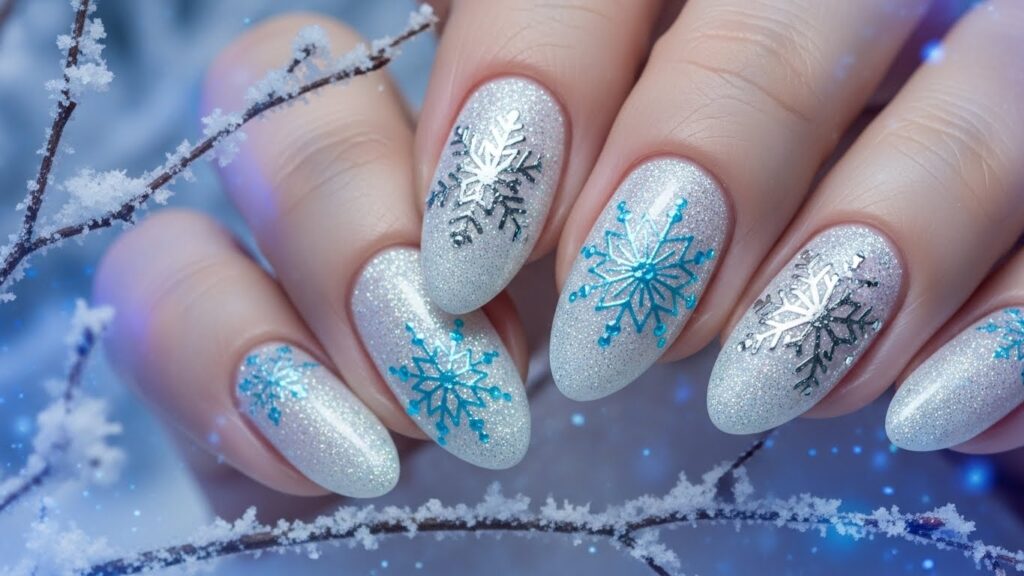 White glitter Christmas nails with delicate snowflake designs and a frosty winter sparkle.