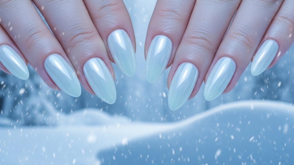 Pearl white chrome nails with an icy reflective snow-like finish.