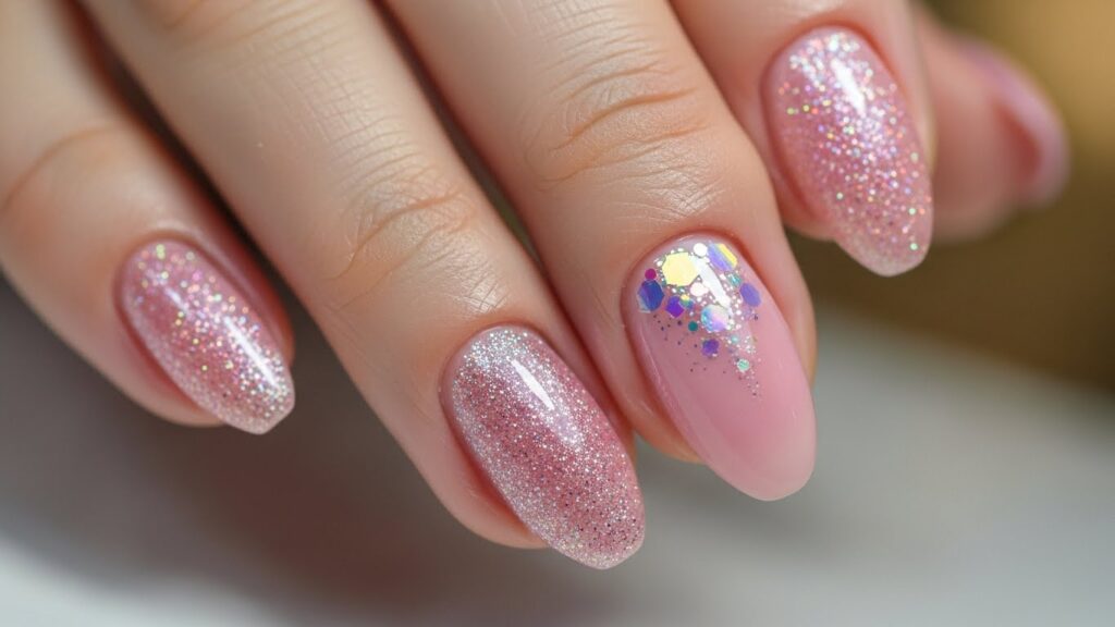 Pink glitter nails with sparkling shiny finish.