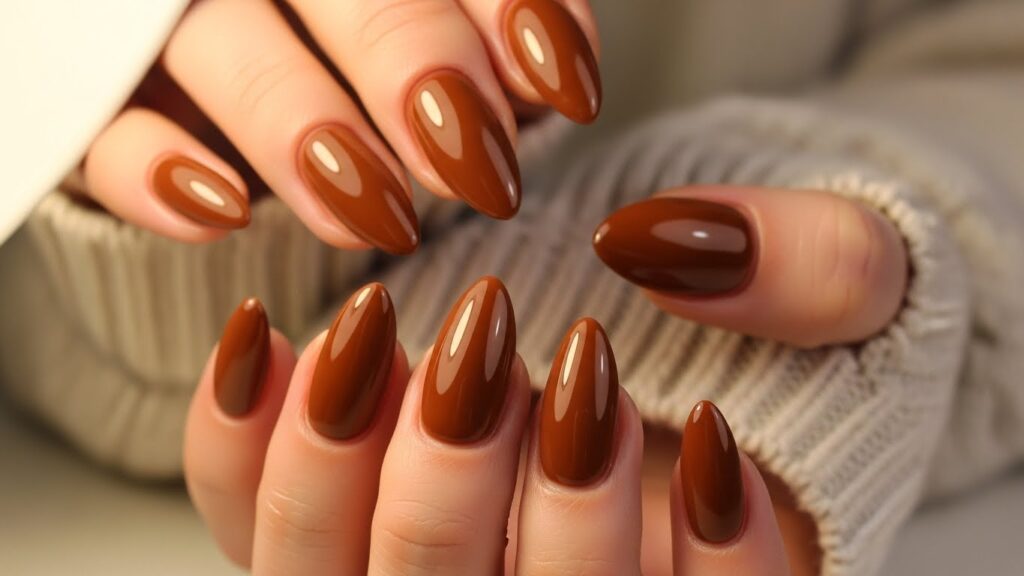 Chocolate brown glossy gel nails with cozy sweater background.
