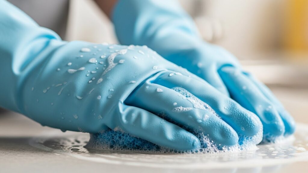 Hand in cleaning gloves protecting nails