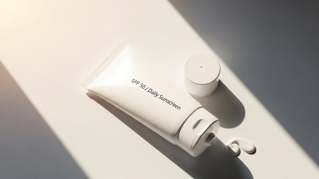 Sunscreen bottle on a sandy or clean minimal background.