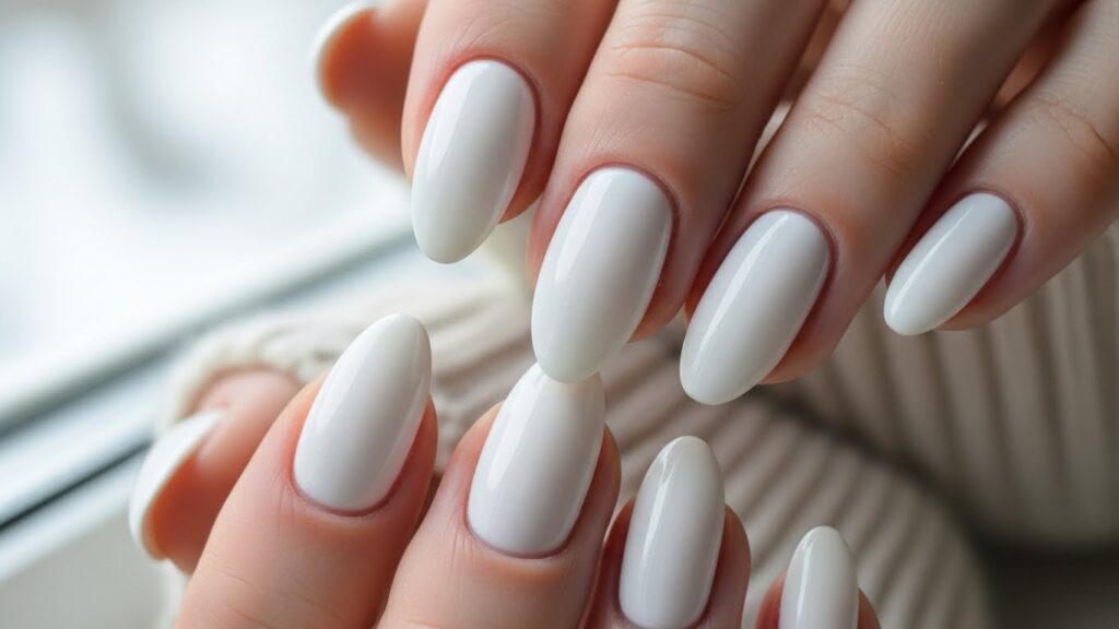 Milky white glossy winter nails with soft cozy beige winter background.