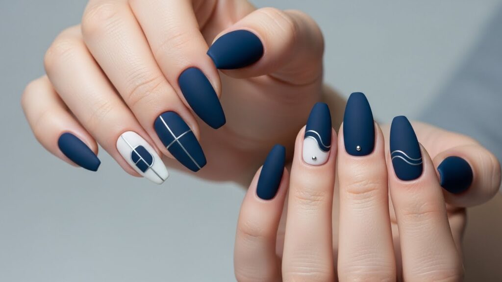 Matte navy blue nail designs with a modern bold finish and minimalist nail art on coffin and almond nails