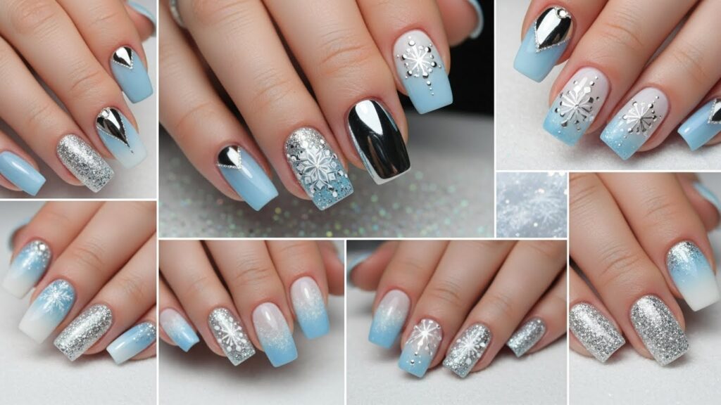 Icy blue Winter Wonderland nails with snowflake design.