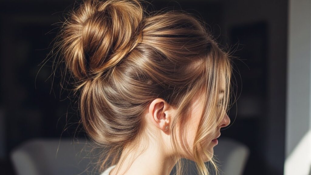 Classic high messy bun hairstyle for long hair with loose strands.