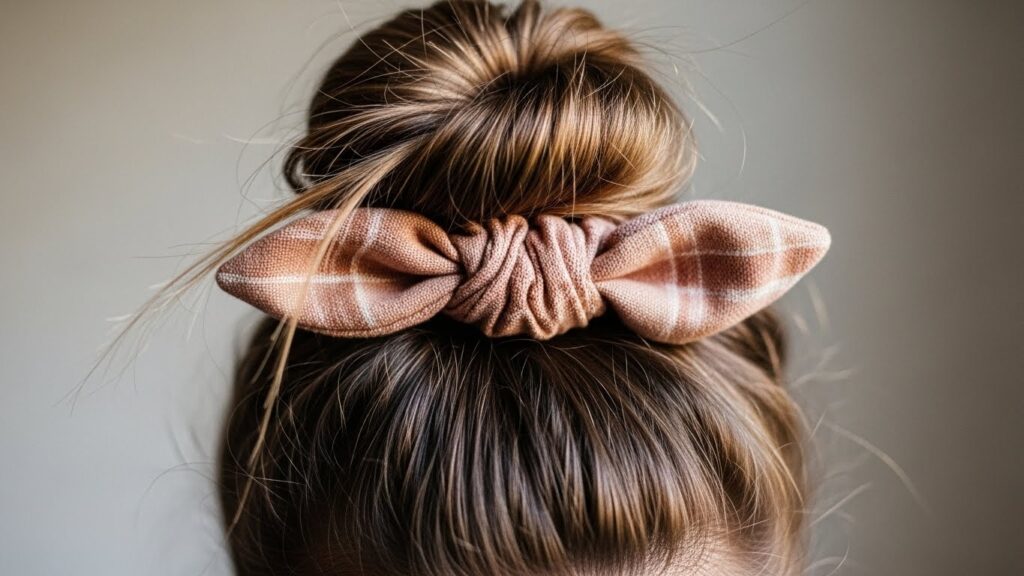 Messy bun hairstyle with scrunchie for long hair.
