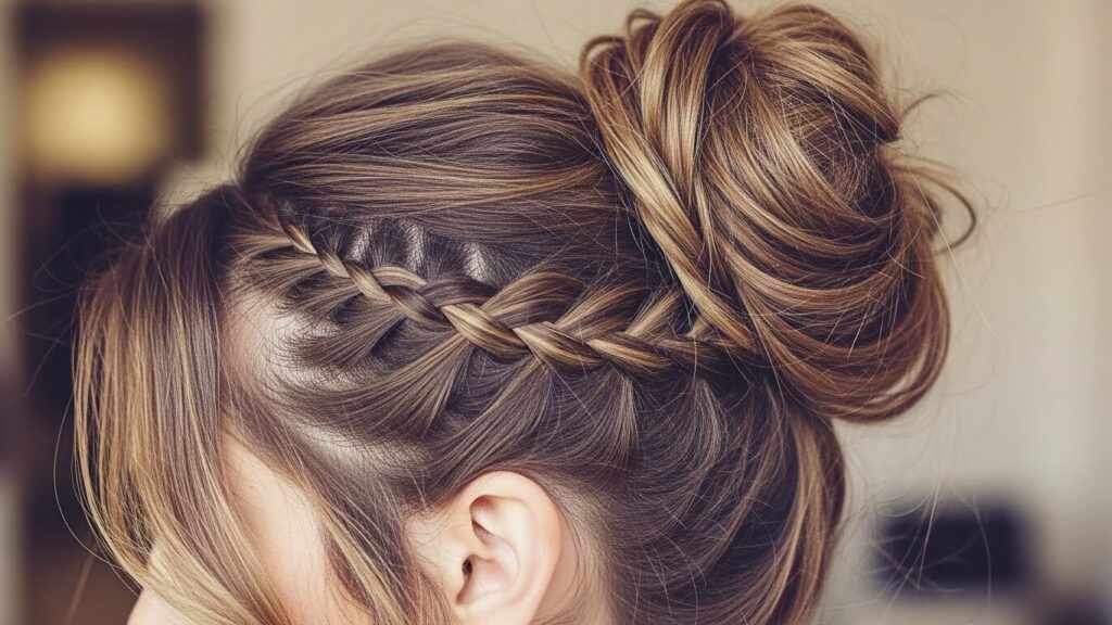 Messy bun hairstyle with braid detail for long hair.
