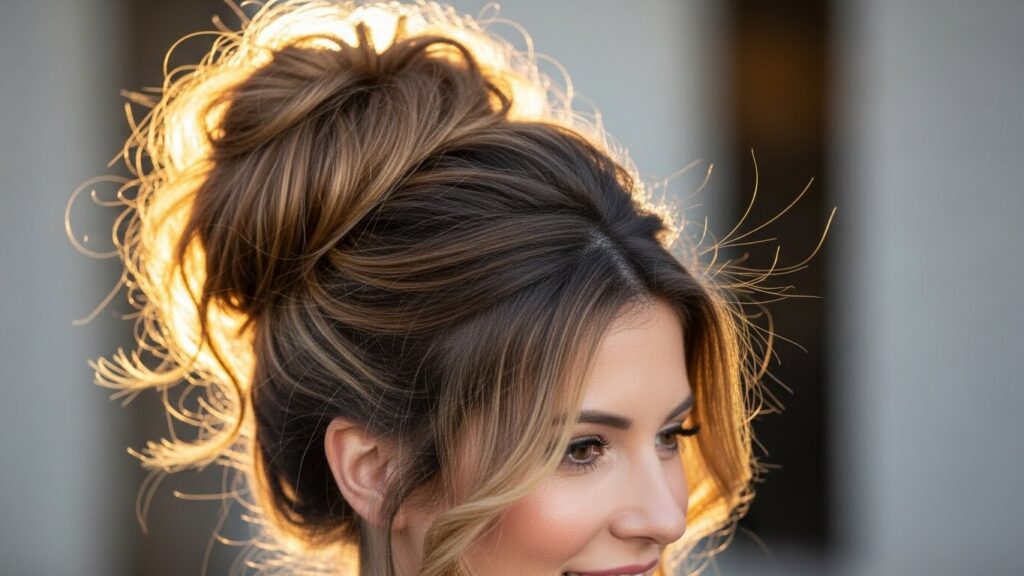 Oversized messy bun hairstyle for long hair.