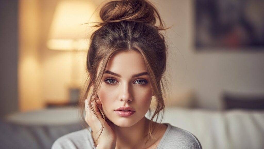 Easy messy bun hairstyle for lazy days with long hair.