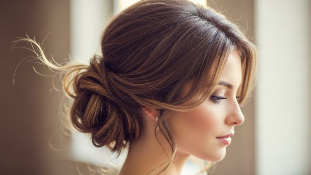 Soft romantic messy bun hairstyle for long hair.