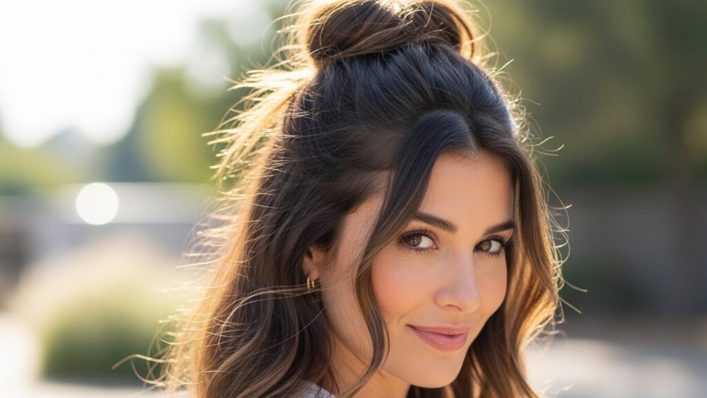 Half-up messy bun hairstyle for long hair.