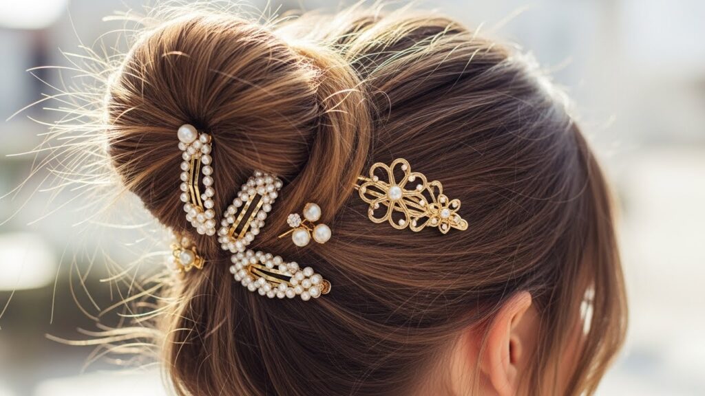Messy bun hairstyle with hair clips for long hair