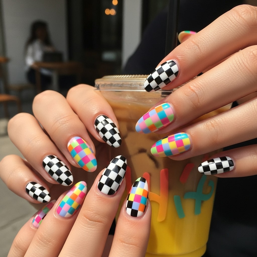 Checkerboard nail design for fun school style