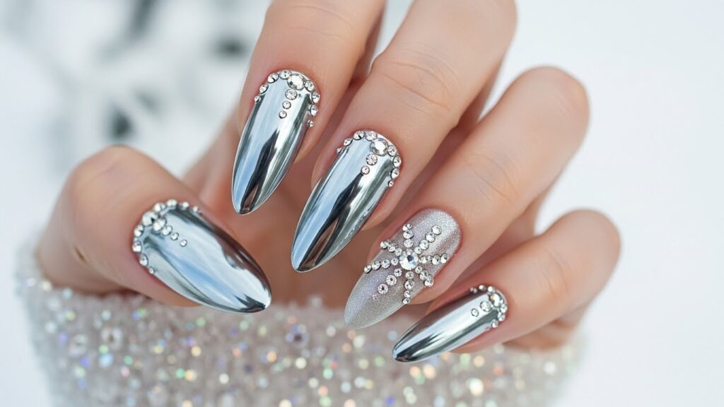 Frosty silver Winter Wonderland nails with chrome finish.