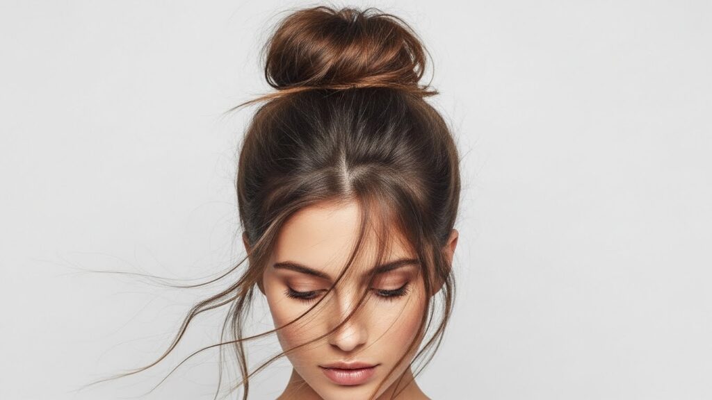 Messy bun hairstyle with middle part for long hair.