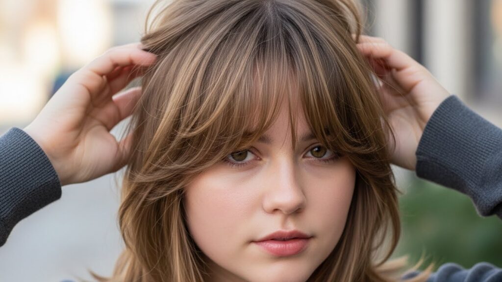 Wispy bangs for round face with soft texture and natural finish