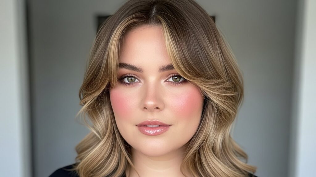 Curtain bangs skimming the eyes for a round face, soft and face-framing hairstyle